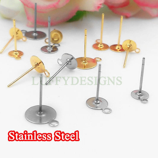 20pcs Earring Post Studs Flat Pad With Loop, 18K Gold Plated 316L Stainless Steel Post, Earring Findings, Stud Supplies, 5mm /6mm /8mm /10mm