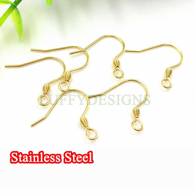 100pcs Gold Ear Wire Hooks, Coil Earring Hooks, Earring Findings, 316L Stainless Steel Hypo Allergenic French Hooks, Fish Hooks