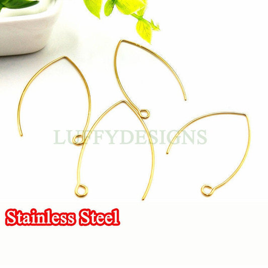 10pcs Gold Ear Hooks, Long Oval Ear Hook, Earring ear wire Findings, kidney ear wires, 18k Gold plated 316L Stainless Steel, Hypo Allergenic