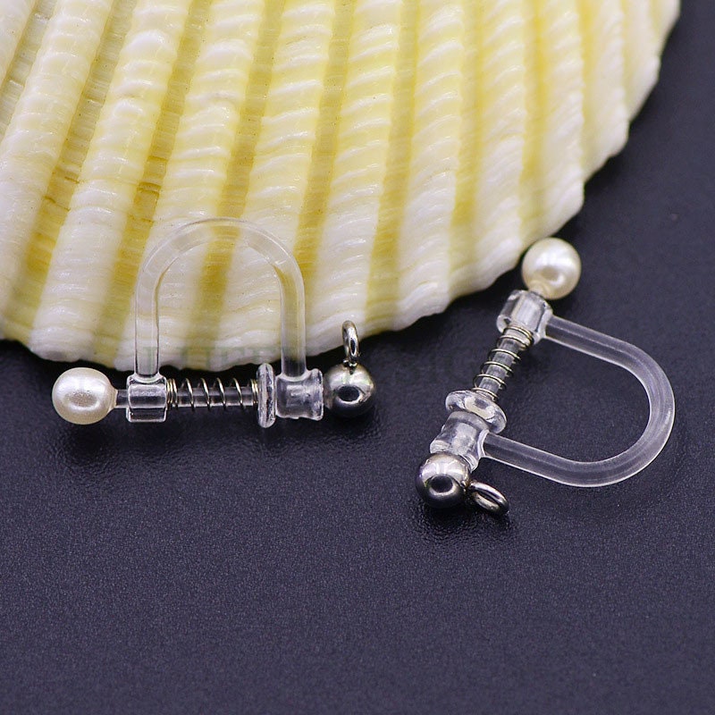 20pcs Invisible clip on earring converter, Resin earring clip with pearl, Non pierced dangle earrings clip findings, Spring clip earring