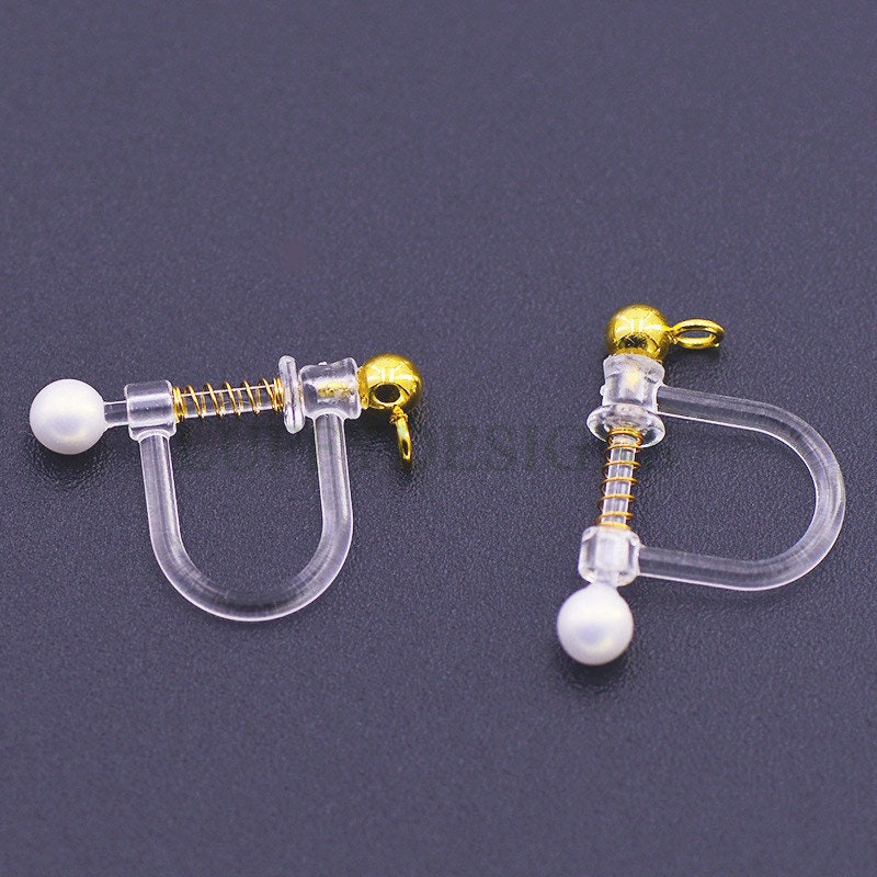 20pcs Invisible clip on earring converter, Resin earring clip with pearl, Non pierced dangle earrings clip findings, Spring clip earring