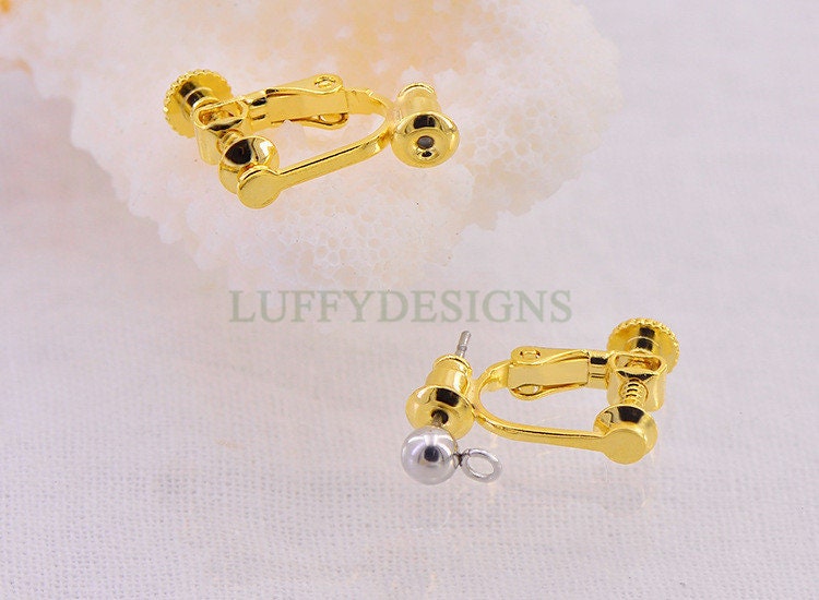 10pcs Screw Back Non Piercing Earrings, with Attached Ear Nuts at Bottom, Gold /Rhodium /Rose Gold /Silver plated Brass, Comfortable Fit