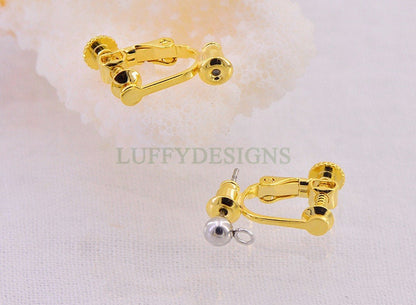 10pcs Screw Back Non Piercing Earrings, with Attached Ear Nuts at Bottom, Gold /Rhodium /Rose Gold /Silver plated Brass, Comfortable Fit