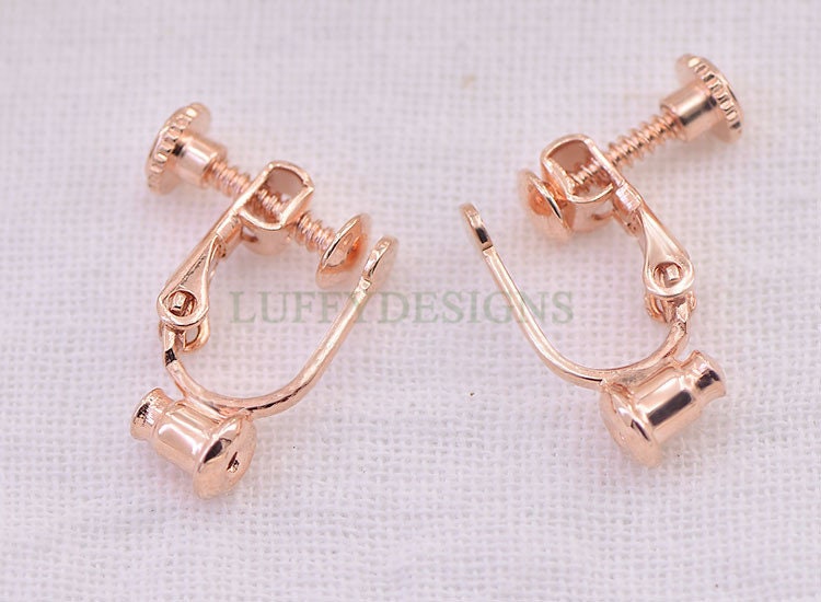 10pcs Screw Back Non Piercing Earrings, with Attached Ear Nuts at Bottom, Gold /Rhodium /Rose Gold /Silver plated Brass, Comfortable Fit