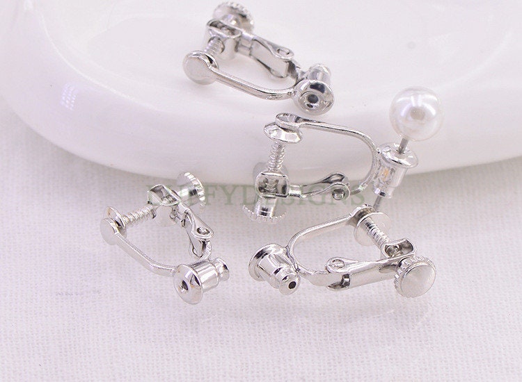 10pcs Screw Back Non Piercing Earrings, with Attached Ear Nuts at Bottom, Gold /Rhodium /Rose Gold /Silver plated Brass, Comfortable Fit