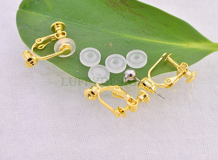 10pcs Screw Back Non Piercing Earrings, with Attached Ear Nuts at Bottom, Gold /Rhodium /Rose Gold /Silver plated Brass, Comfortable Fit