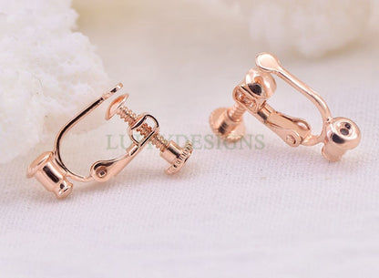 10pcs Screw Back Non Piercing Earrings, with Attached Ear Nuts at Bottom, Gold /Rhodium /Rose Gold /Silver plated Brass, Comfortable Fit