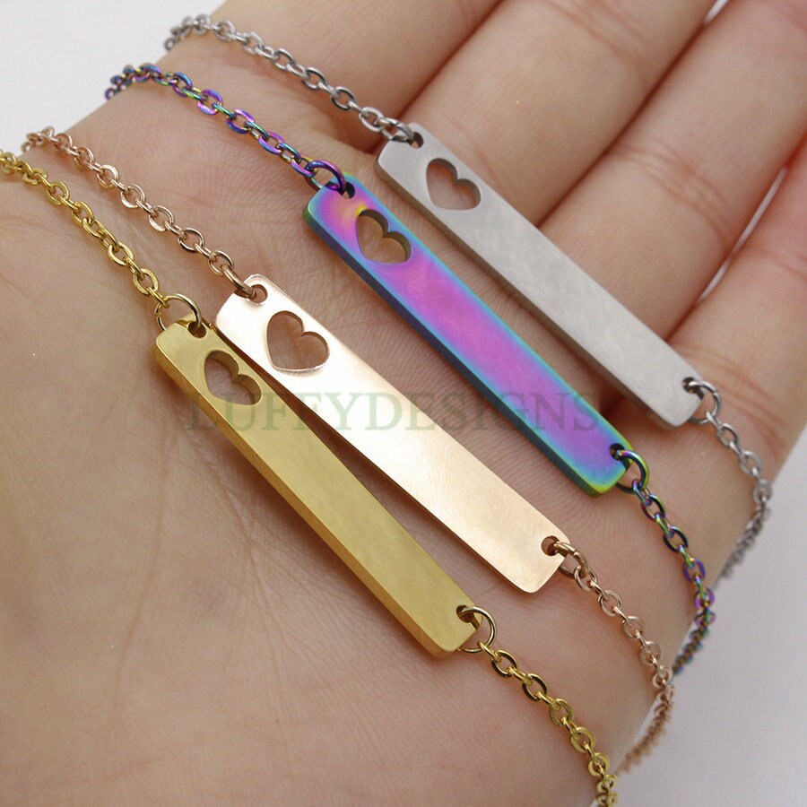 10pcs Blank bar necklace with hollow heart, bar necklace supplies, Gold /Rose Gold stainless steel blanks, Hand stamping bar necklace