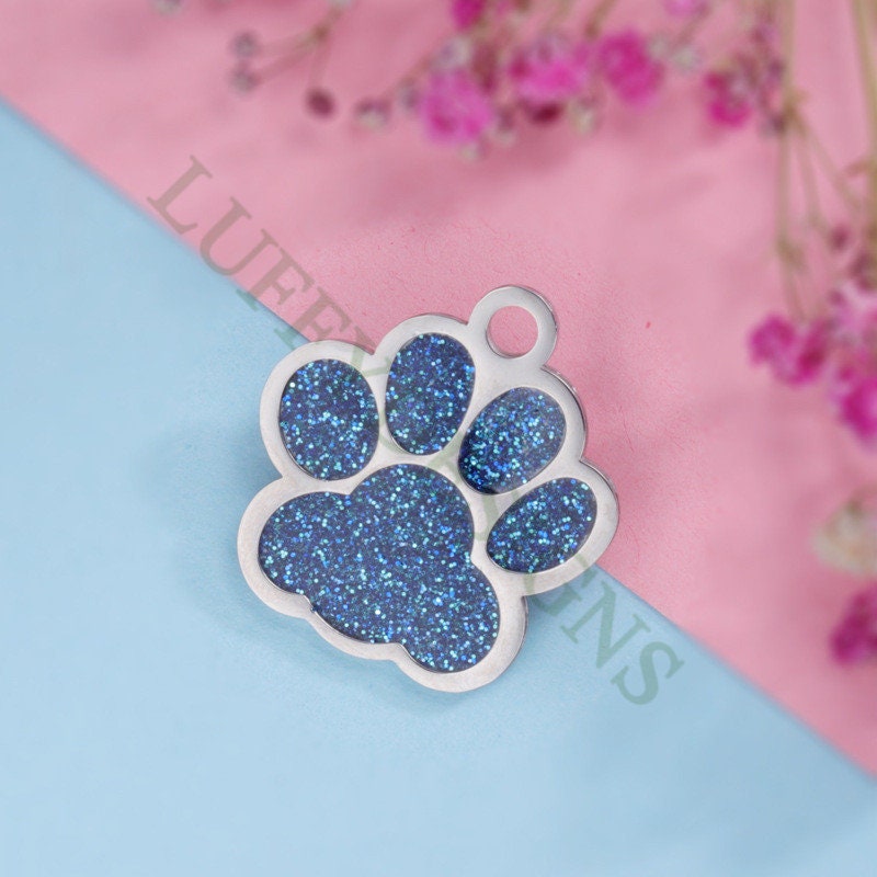 5pcs Paw Print of Dog Charms, Stainless Steel with Flash Powder/CZ, Metal Charms, Jewelry Making Supplies, Blue Paw Print of Dog Pendants