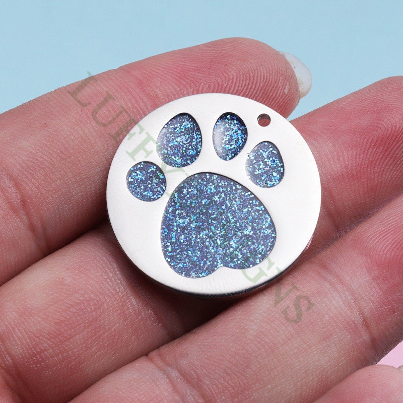 5pcs Paw Print of Dog Charms, Stainless Steel with Flash Powder/CZ, Metal Charms, Jewelry Making Supplies, Blue Paw Print of Dog Pendants
