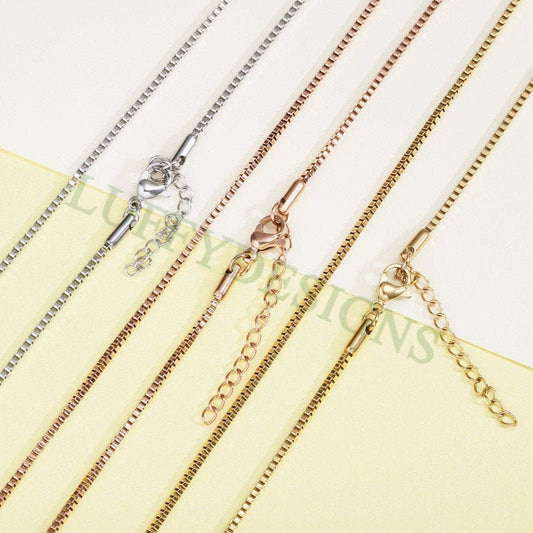 5pcs Finished Box Chain, 1.5mm Square Box Chain Necklace, 18k Gold plated 316L Stainless Steel, Hypoallergenic Womens Chain,Women's Necklace
