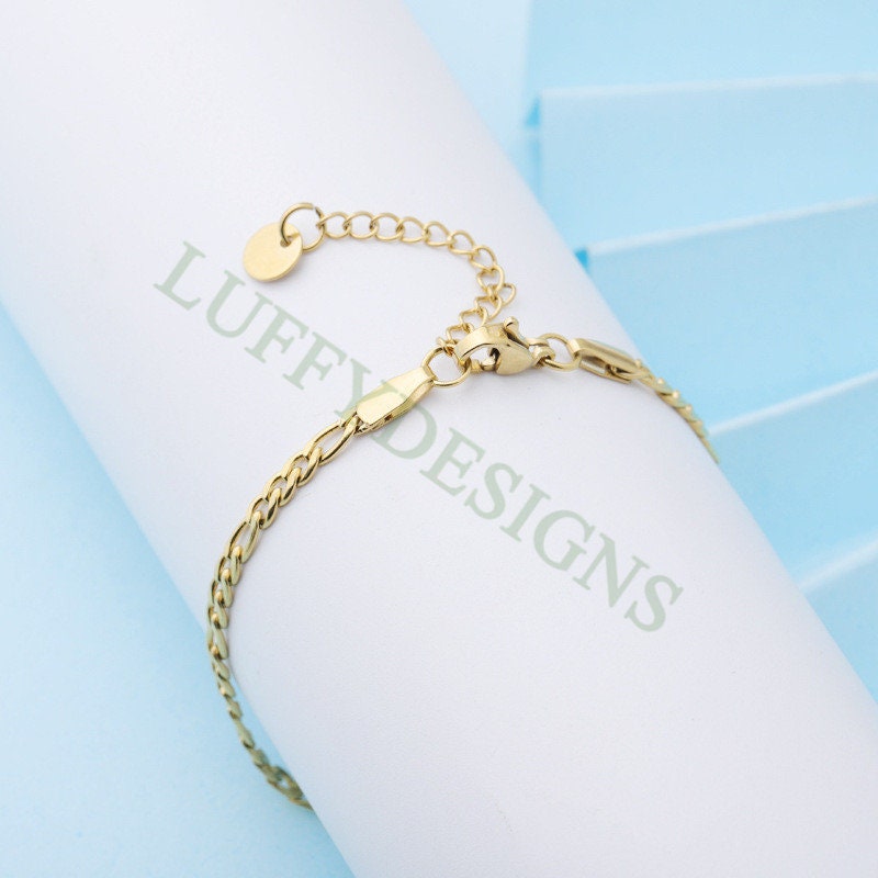 5pcs Finished Figaro Chain, 3:1 Chain Bracelet, 18k Gold plated 316L Stainless Steel, Womens Chain, Womens Bracelet, Hypoallergenic Chain