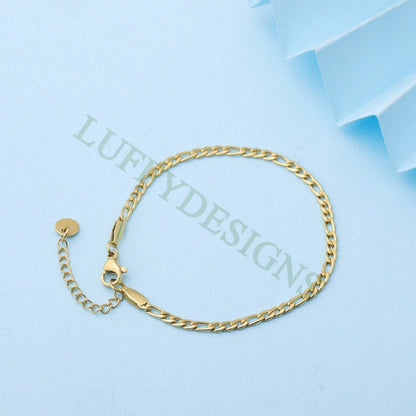 5pcs Finished Figaro Chain, 3:1 Chain Bracelet, 18k Gold plated 316L Stainless Steel, Womens Chain, Womens Bracelet, Hypoallergenic Chain