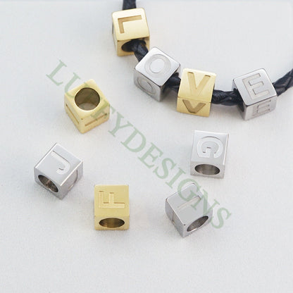 Cube Letter Charms 7mm, Uppercase Alphabet Charm, Gold Letter Charm, 26 Letters Initial Beads, Square Name Beads,Gold Plated Stainless Steel