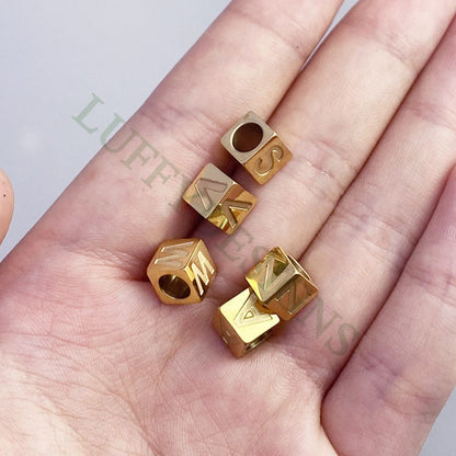 Cube Letter Charms 7mm, Uppercase Alphabet Charm, Gold Letter Charm, 26 Letters Initial Beads, Square Name Beads,Gold Plated Stainless Steel