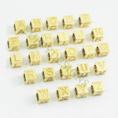 Cube Letter Charms 7mm, Uppercase Alphabet Charm, Gold Letter Charm, 26 Letters Initial Beads, Square Name Beads,Gold Plated Stainless Steel