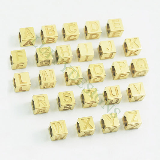 Cube Letter Charms 7mm, Uppercase Alphabet Charm, Gold Letter Charm, 26 Letters Initial Beads, Square Name Beads,Gold Plated Stainless Steel