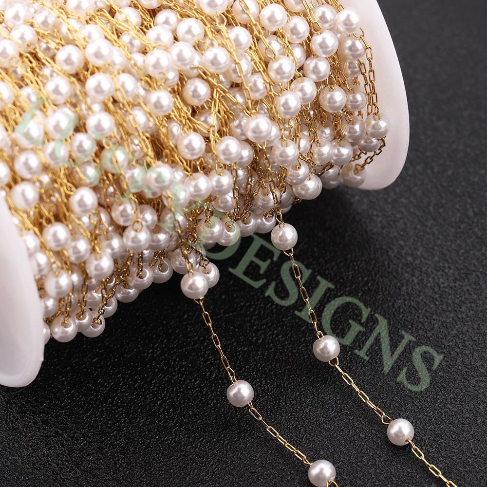 16ft/5m Rectangle Link Chain with Fake Pearl Beads, Gold plated Stainless Steel, Unfinished Paper Clip Chain, Fake Pearl Beads Chain in Bulk