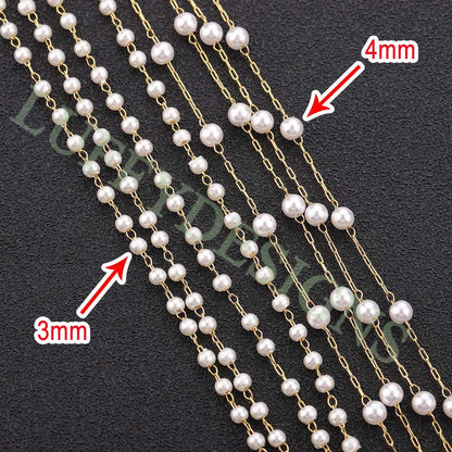 16ft/5m Rectangle Link Chain with Fake Pearl Beads, Gold plated Stainless Steel, Unfinished Paper Clip Chain, Fake Pearl Beads Chain in Bulk
