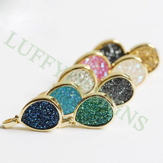 5pcs Gold Titanium Druzy Pendant 19x15mm, Drop Gemstone Druzy Charm, Natural Druzy Stone, Rainbow Agate Geode Pendant, Drusy Charm Jewelry