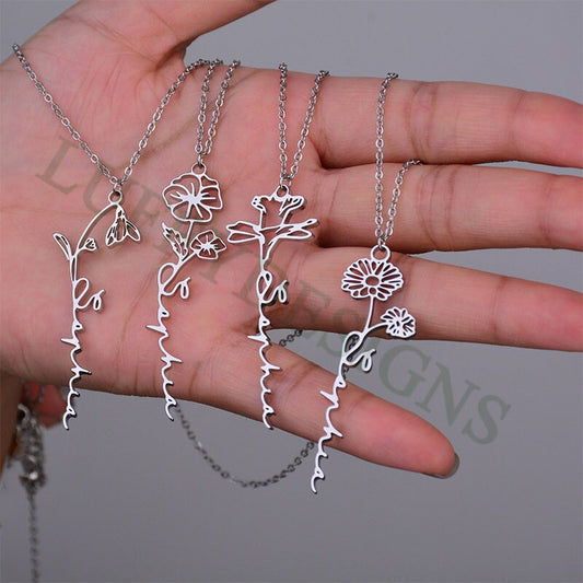 Custom Name Necklace with Birth Flower,Dainty Personalized Minimalist Jewelry,Pendant Necklace for Women,Christmas Bridesmaid Gift for Her