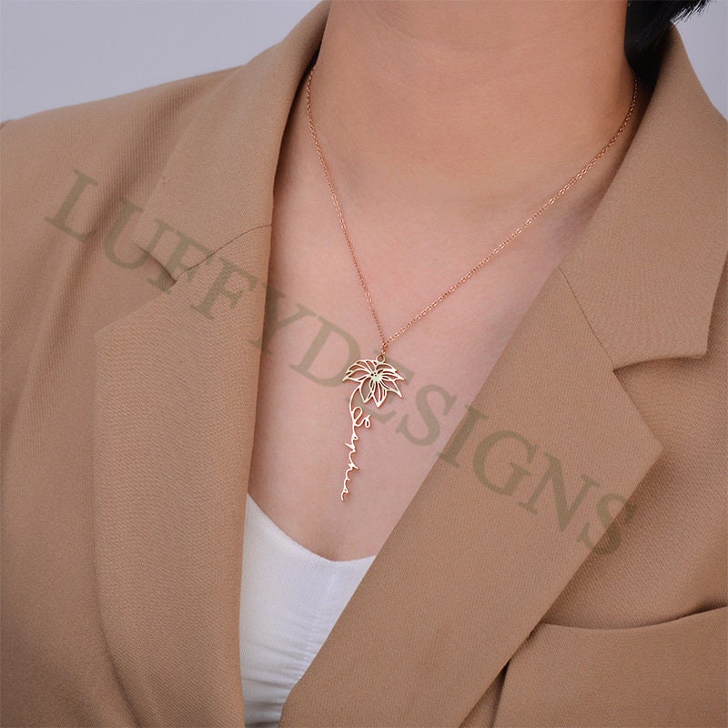 Custom Name Necklace with Birth Flower,Dainty Personalized Minimalist Jewelry,Pendant Necklace for Women,Christmas Bridesmaid Gift for Her