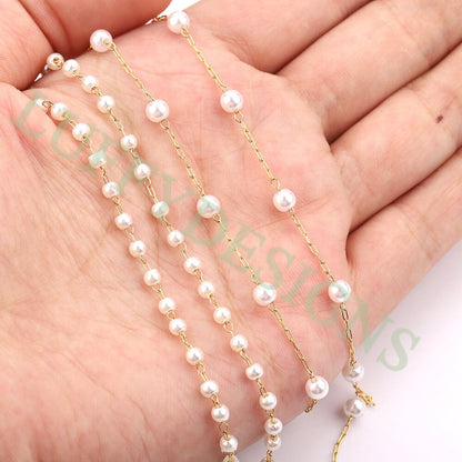 16ft/5m Rectangle Link Chain with Fake Pearl Beads, Gold plated Stainless Steel, Unfinished Paper Clip Chain, Fake Pearl Beads Chain in Bulk