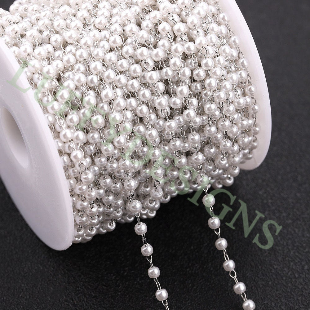 16ft/5m Rectangle Link Chain with Fake Pearl Beads, Gold plated Stainless Steel, Unfinished Paper Clip Chain, Fake Pearl Beads Chain in Bulk