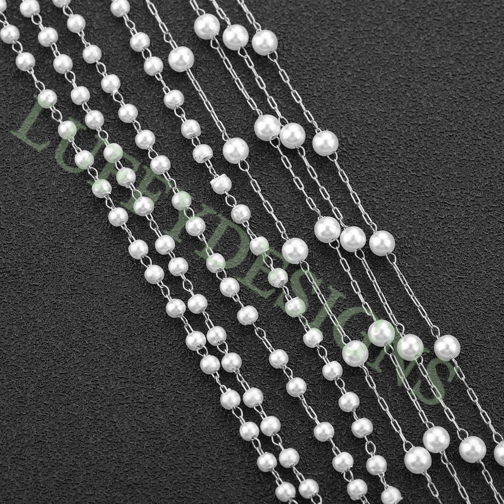 16ft/5m Rectangle Link Chain with Fake Pearl Beads, Gold plated Stainless Steel, Unfinished Paper Clip Chain, Fake Pearl Beads Chain in Bulk