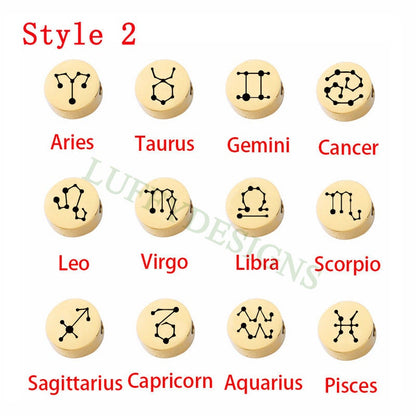 5pcs Round/Heart Zodiac Symbol Constellation Charm 8mm, Gold plated Stainless Steel, Gold Zodiac Beads,Constellation Beads,Zodiac Sign Beads