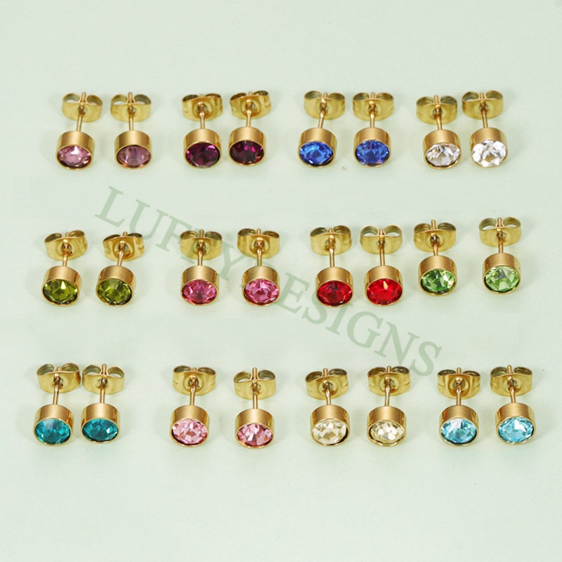 5pairs Colorful Crystal Zircon Stud, Swarovski Birthstone Stud Earring, Steel Post, Gold Round Earring Posts, Birthstone Gemstone CZ Earring