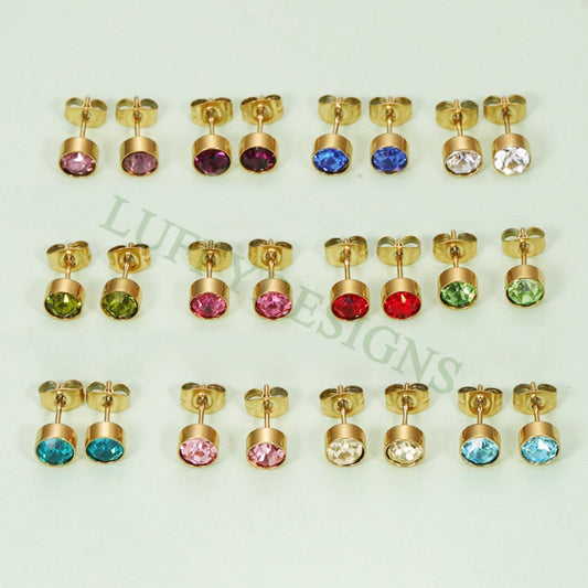 5pairs Colorful Crystal Zircon Stud, Swarovski Birthstone Stud Earring, Steel Post, Gold Round Earring Posts, Birthstone Gemstone CZ Earring
