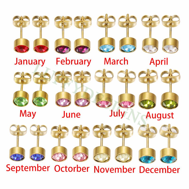 5pairs Colorful Crystal Zircon Stud, Swarovski Birthstone Stud Earring, Steel Post, Gold Round Earring Posts, Birthstone Gemstone CZ Earring