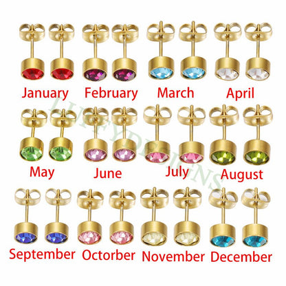 5pairs Colorful Crystal Zircon Stud, Swarovski Birthstone Stud Earring, Steel Post, Gold Round Earring Posts, Birthstone Gemstone CZ Earring