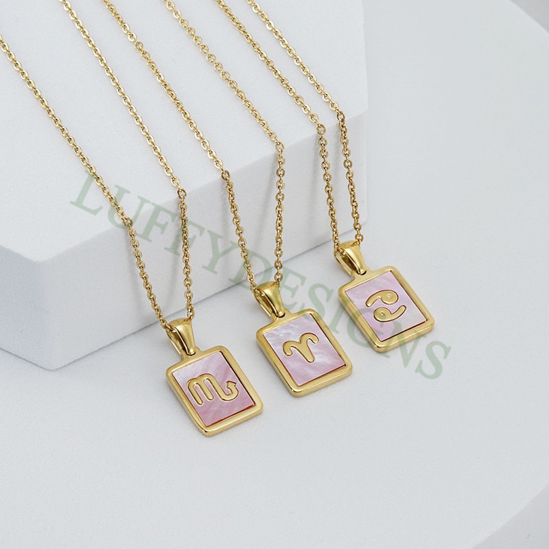 5pcs Zodiac Constellation Necklace, Shell Horoscope Pendant, Mother of Pearl Astrology Zodiac Sign Necklace, Steel Astrological Necklace