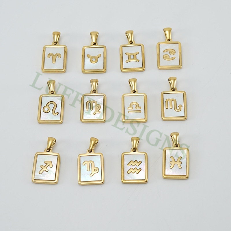 5pcs Zodiac Constellation Necklace, Shell Horoscope Pendant, Mother of Pearl Astrology Zodiac Sign Necklace, Steel Astrological Necklace