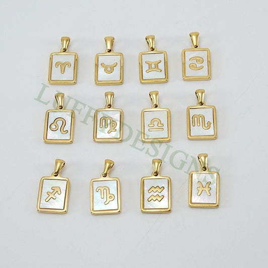 5pcs Zodiac Constellation Necklace, Shell Horoscope Pendant, Mother of Pearl Astrology Zodiac Sign Necklace, Steel Astrological Necklace