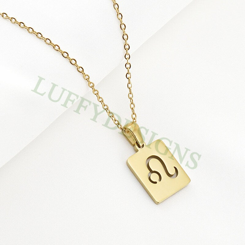 5pcs Zodiac Constellation Necklace, Rectangle Zodiac Symbol, Horoscope Pendant, Steel Astrological Zodiac Signs,Gold Zodiac Pendant Necklace