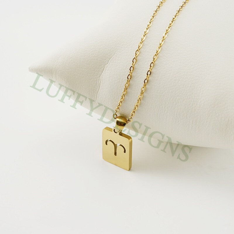 5pcs Zodiac Constellation Necklace, Rectangle Zodiac Symbol, Horoscope Pendant, Steel Astrological Zodiac Signs,Gold Zodiac Pendant Necklace