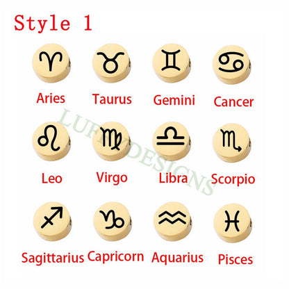 5pcs Round/Heart Zodiac Symbol Constellation Charm 8mm, Gold plated Stainless Steel, Gold Zodiac Beads,Constellation Beads,Zodiac Sign Beads