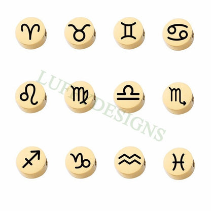 5pcs Round/Heart Zodiac Symbol Constellation Charm 8mm, Gold plated Stainless Steel, Gold Zodiac Beads,Constellation Beads,Zodiac Sign Beads