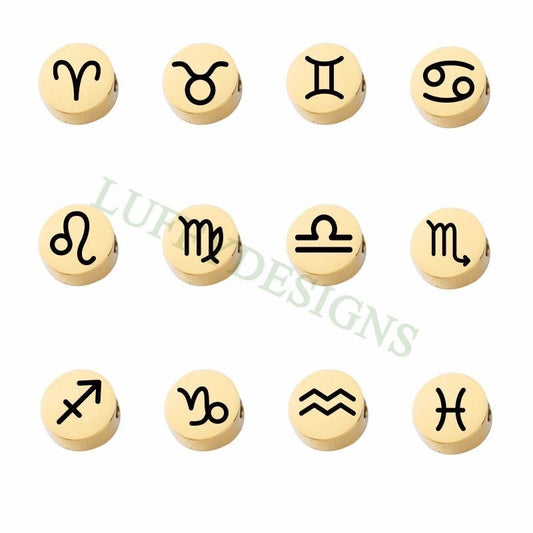 5pcs Round/Heart Zodiac Symbol Constellation Charm 8mm, Gold plated Stainless Steel, Gold Zodiac Beads,Constellation Beads,Zodiac Sign Beads