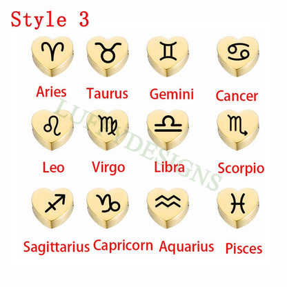 5pcs Round/Heart Zodiac Symbol Constellation Charm 8mm, Gold plated Stainless Steel, Gold Zodiac Beads,Constellation Beads,Zodiac Sign Beads