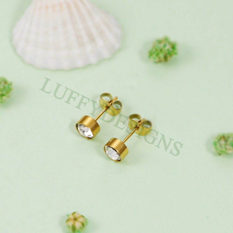 5pairs Colorful Crystal Zircon Stud, Swarovski Birthstone Stud Earring, Steel Post, Gold Round Earring Posts, Birthstone Gemstone CZ Earring