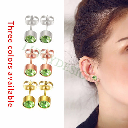 5pairs Colorful Crystal Zircon Stud, Swarovski Birthstone Stud Earring, Steel Post, Gold Round Earring Posts, Birthstone Gemstone CZ Earring