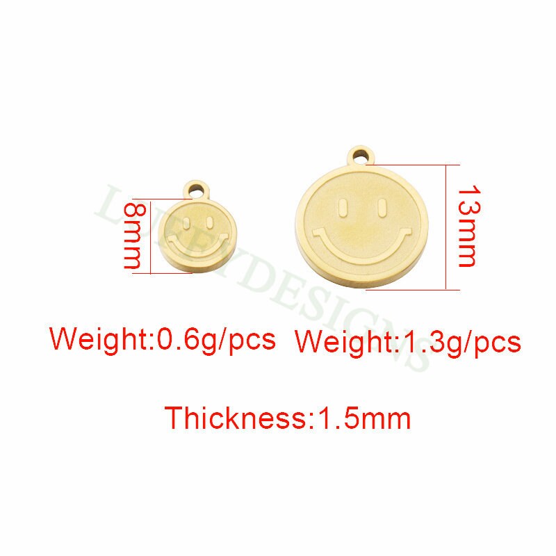 10pcs Smile Face Charm 8mm/13mm, Gold Smile Charm Pendant, Smile Round Disc, Happy Face Pendant, Smiley Symbol, Gold plated Stainless Steel