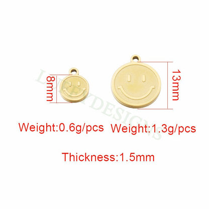 10pcs Smile Face Charm 8mm/13mm, Gold Smile Charm Pendant, Smile Round Disc, Happy Face Pendant, Smiley Symbol, Gold plated Stainless Steel