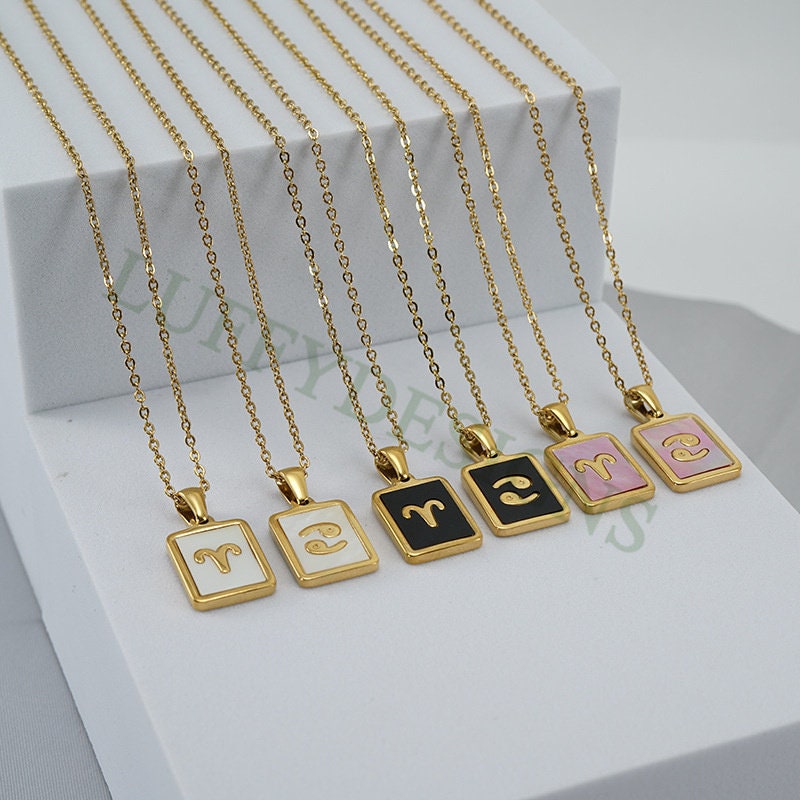 5pcs Zodiac Constellation Necklace, Shell Horoscope Pendant, Mother of Pearl Astrology Zodiac Sign Necklace, Steel Astrological Necklace