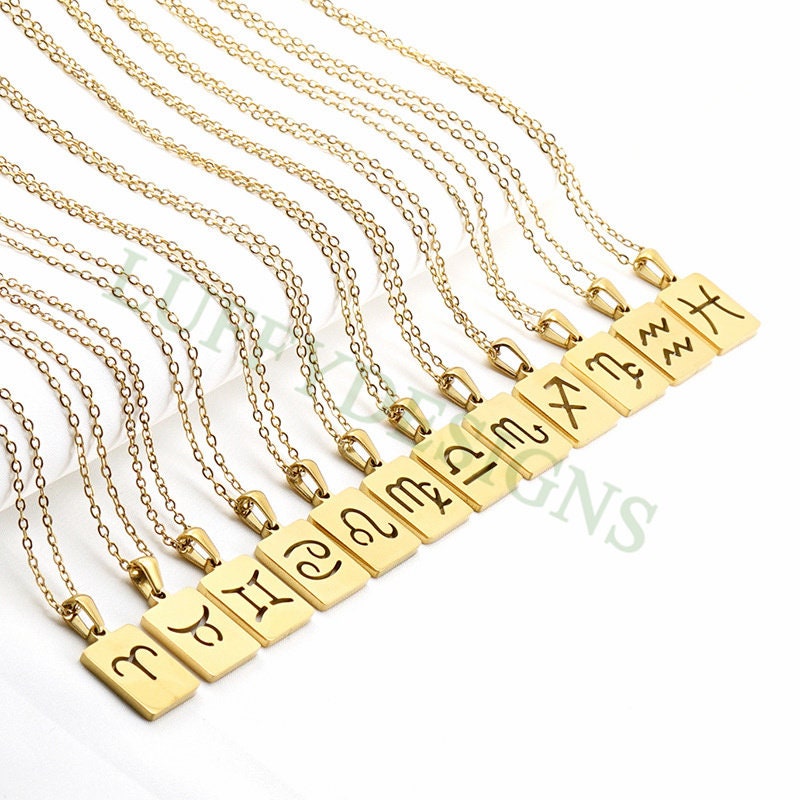 5pcs Zodiac Constellation Necklace, Rectangle Zodiac Symbol, Horoscope Pendant, Steel Astrological Zodiac Signs,Gold Zodiac Pendant Necklace