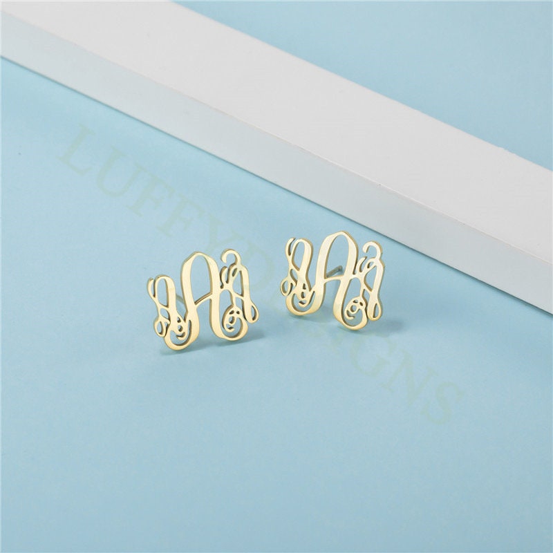 Gold Monogram Stud Earrings, Dainty Monogram Earrings in Steel, Personalized Initial Earrings, Custom Name Jewelry, BridesMaids Gift for Her